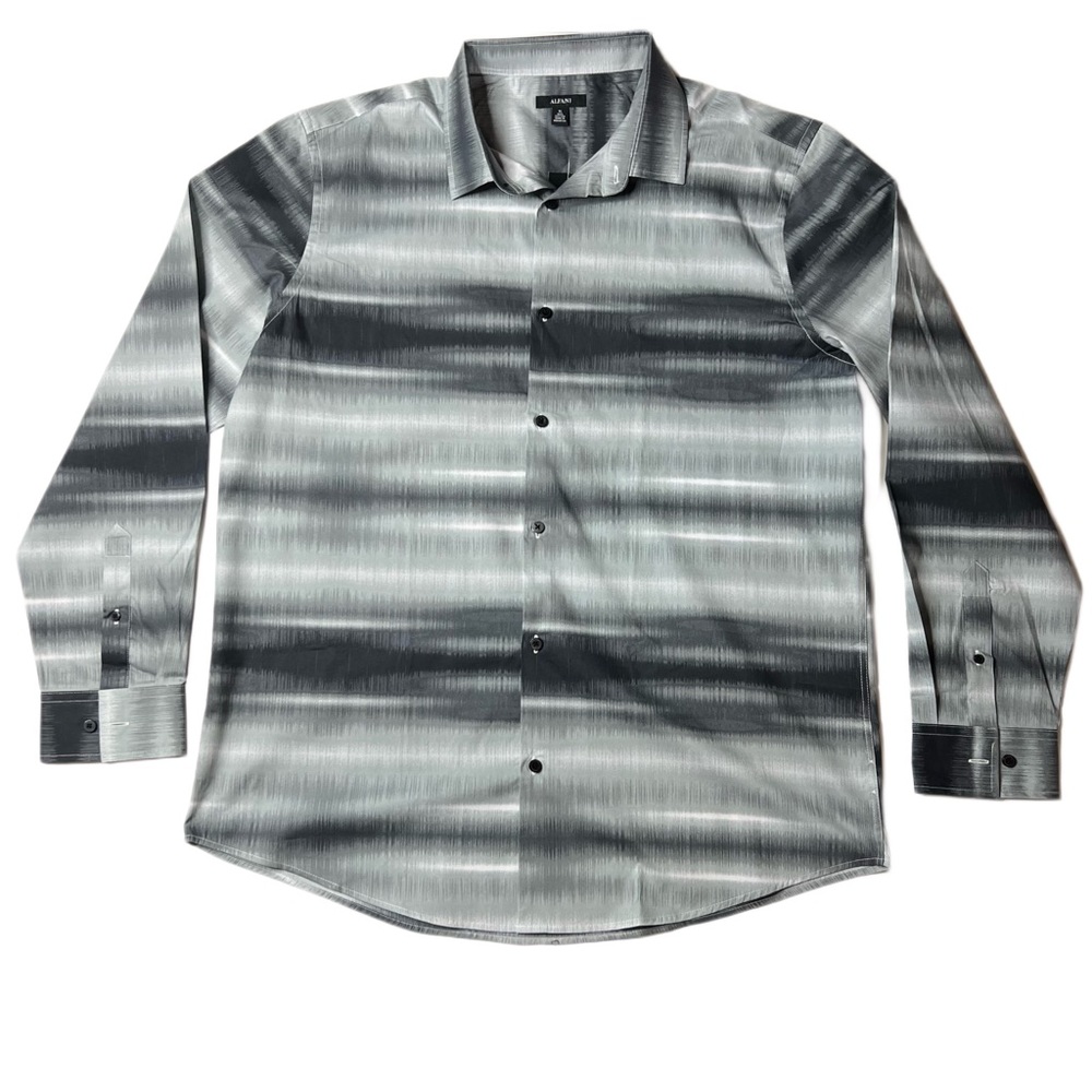 NWT Alfani Long Sleeve Button Up Sound Wave Dress Shirt XL Black Grey White